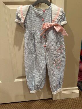 Blue & White Striped Seersucker Romper with Pink Buttons